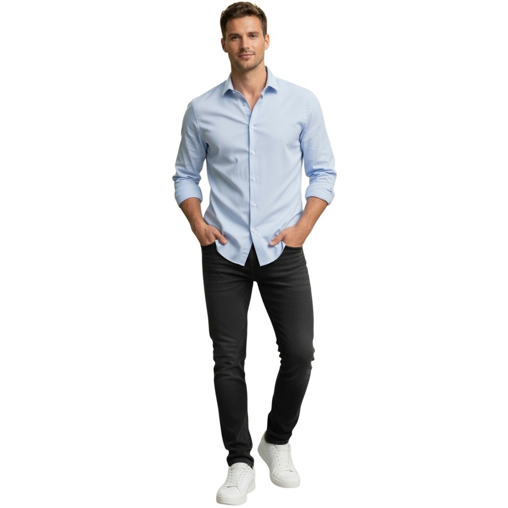Calvin Klein Mens Light Blue‎ Slim Fit Performance Non Iron Dress Shirt L